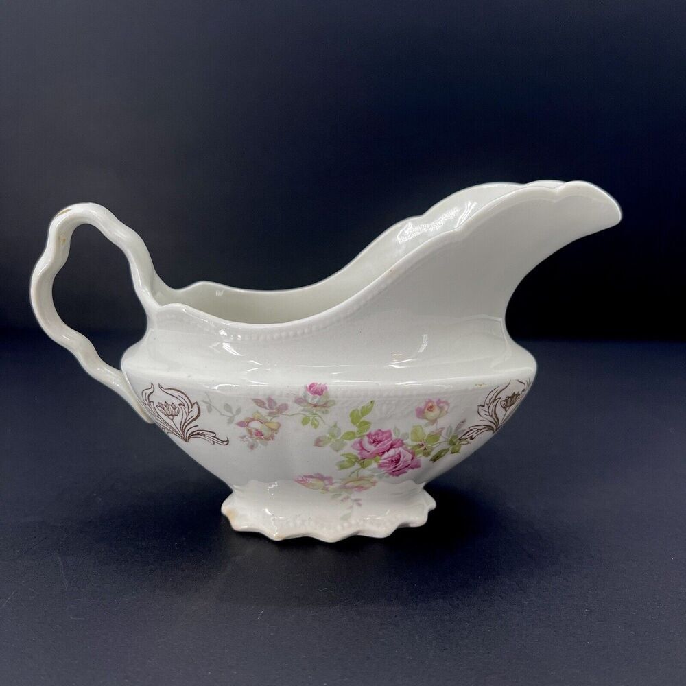 Antique 1900s Homer Laughlin The Angelus Rose Pattern Scalloped Gravy Sauce Boat - Picture 4 of 11